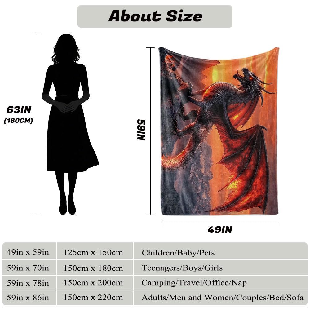 HUNXIAOJ Dragon Throw Blanket Dragon Blanket for Men Animal Throw Warm Soft Flannel for Kids Teens Adults Bed Sofa Couch (49in x 59in)