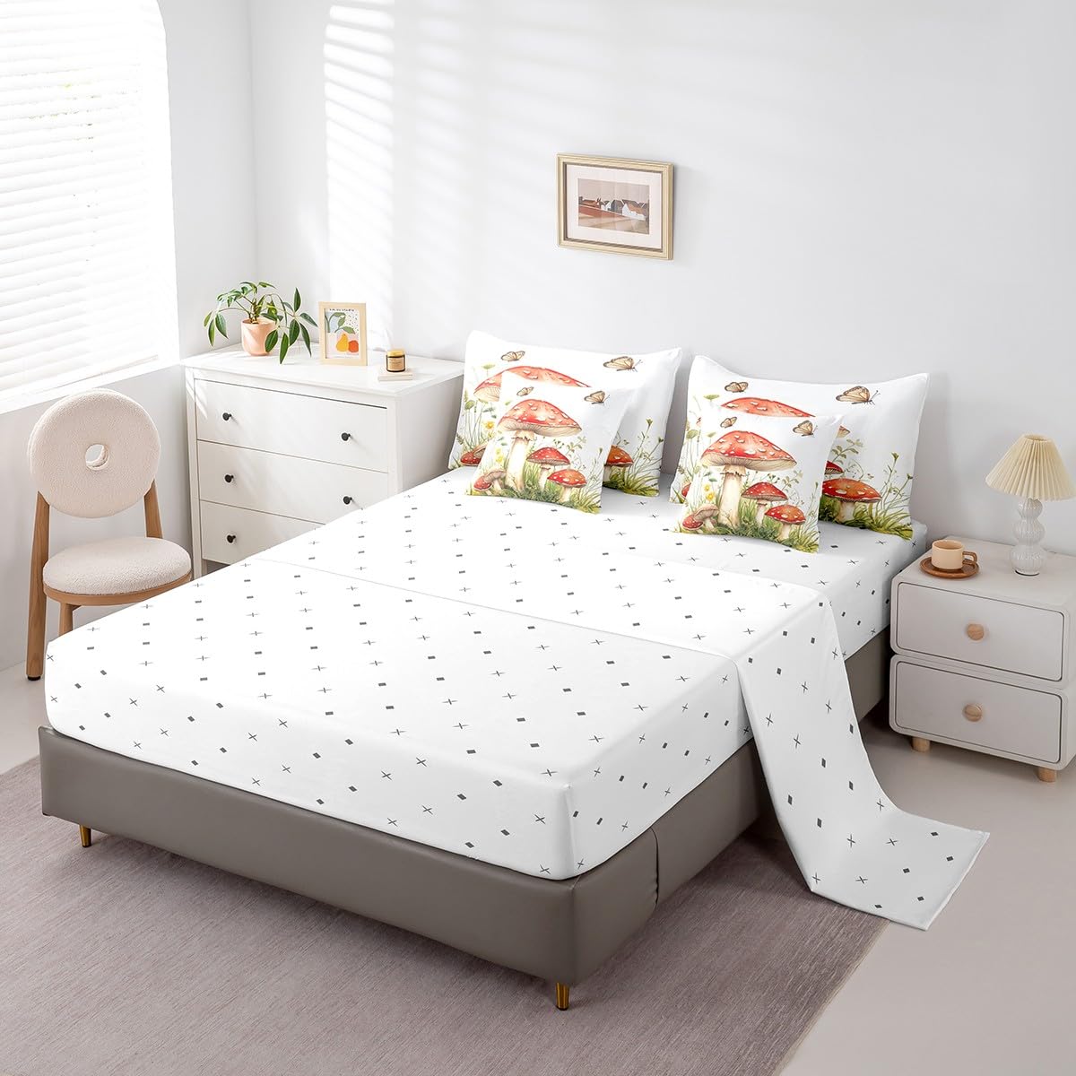 Erosebridal Red Mushroom Comforter Set King Size,Cartoon Fungus Bedding Set for Kids Teens,Flying Butterflies (Comforter+Fitted+Flat Sheet+2 Pillowcases+2 Throw Pillow Covers) 7 Pieces Bed Set