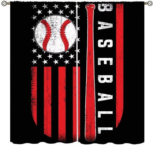 Baseball Curtains Home Décor,Sports Themed Flag Design Darkening Window Treatments for Teens Girls Boys Bedroom Living Room Drapes 2 Panel Sets Total Size 42" x 45"Black Red