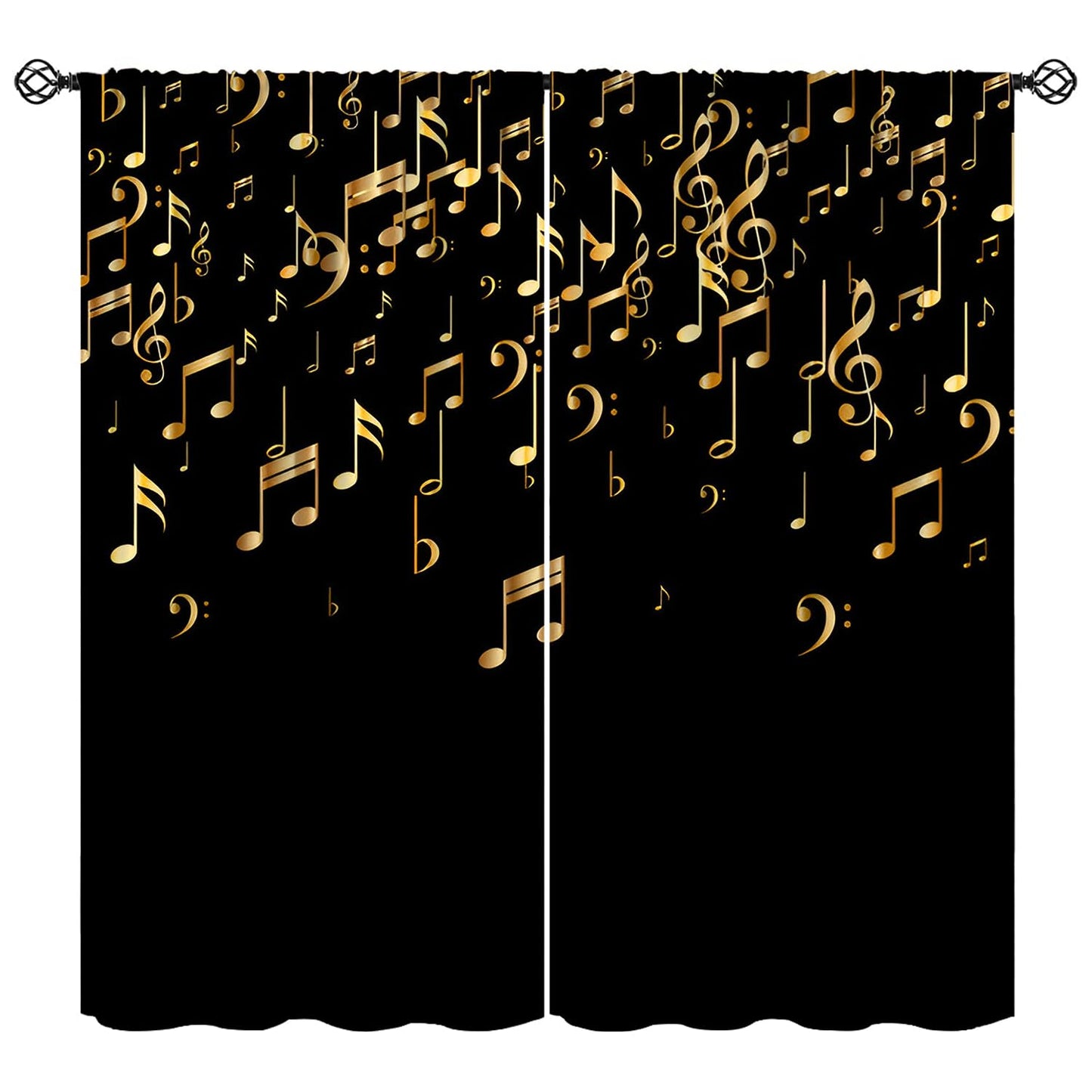 Musical Notes Curtains, Golden Music Note Print Black Background Modern Art Window Treatments Drapes for Living Room Bedroom Kitchen Home 42" W X 45" L(No Blackout)