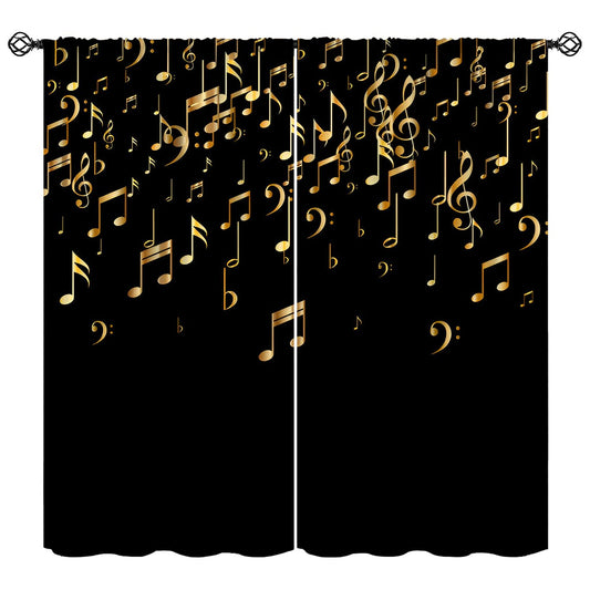 Musical Notes Curtains, Golden Music Note Print Black Background Modern Art Window Treatments Drapes for Living Room Bedroom Kitchen Home 42" W X 45" L(No Blackout)