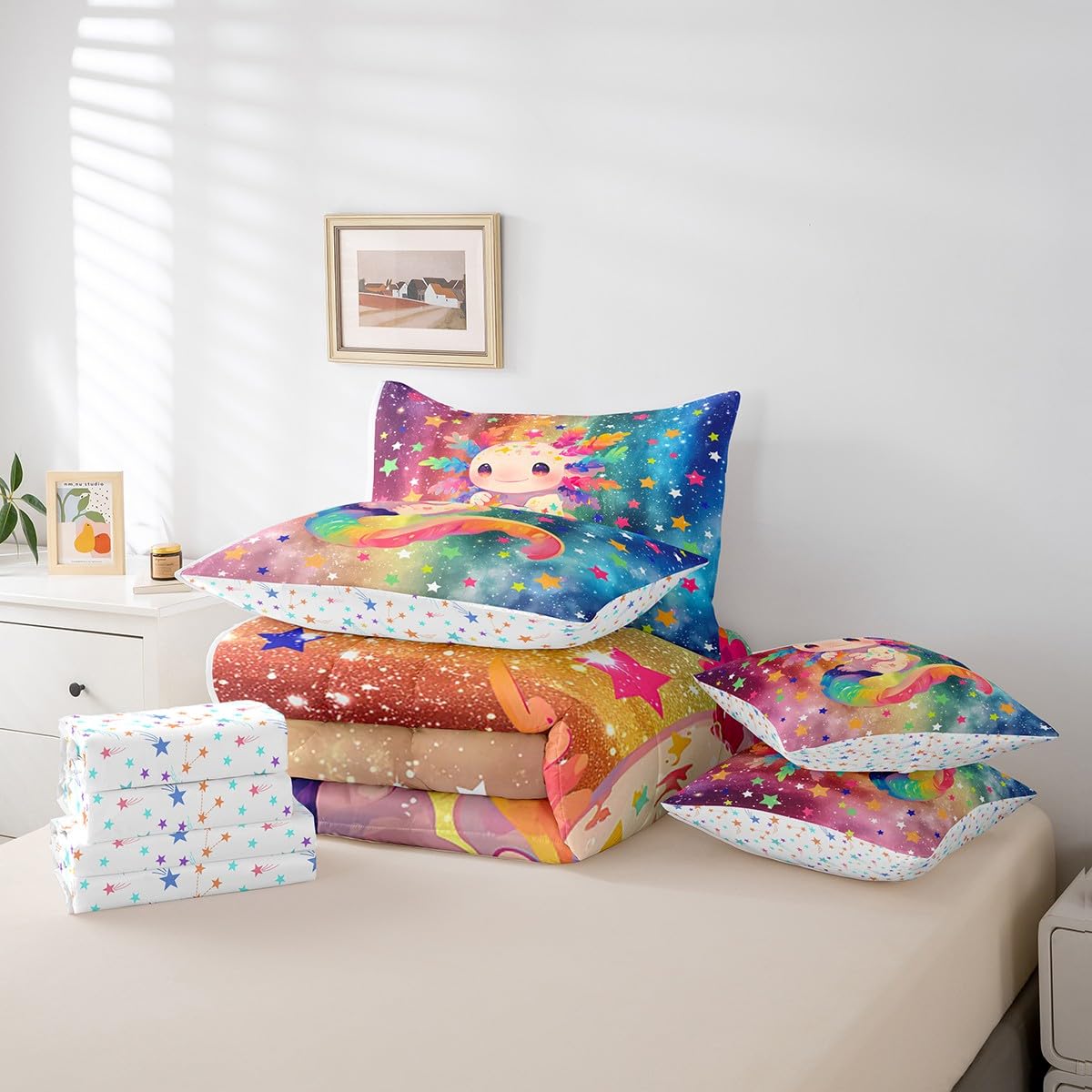 Feelyou Kids Cute Axolotl 7 Pieces Bedding Set Twin Size, Cartoon Animal Bed in A Bag Boys Girls Kawaii Ocean Sealife Comforter Set with Sheets Rainbow Teens Bed Set Bedroom Decor 7Pcs