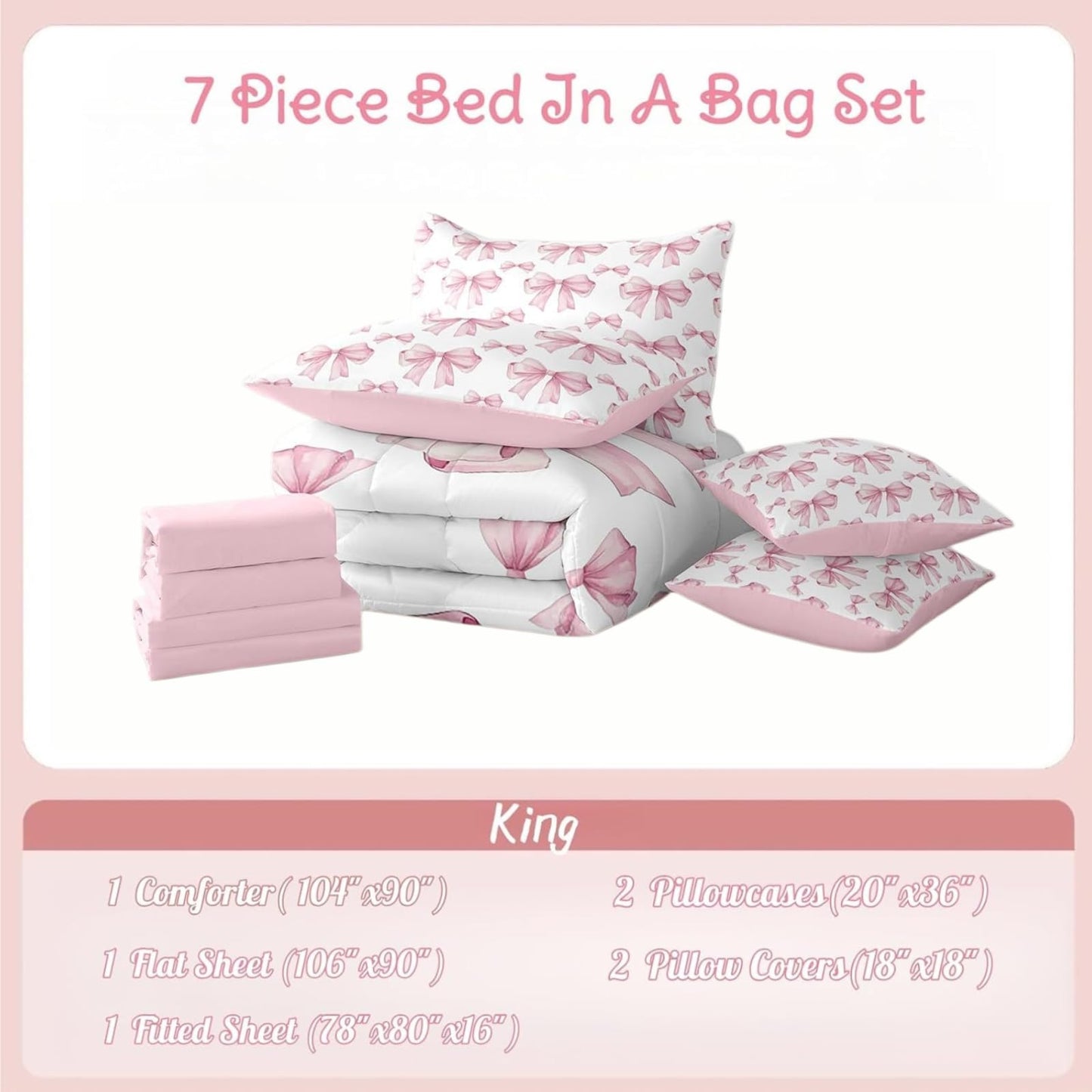 Erosebridal 7 Piece Pink Bowknot Kids Comforter Set King Bed in a Bag,Dreamy Princess Style Kids Girls Bedding Set for Women,Girly Bow Tie Bed Set,Romantic Valentine's Day Sheet Set Reversible Quilt