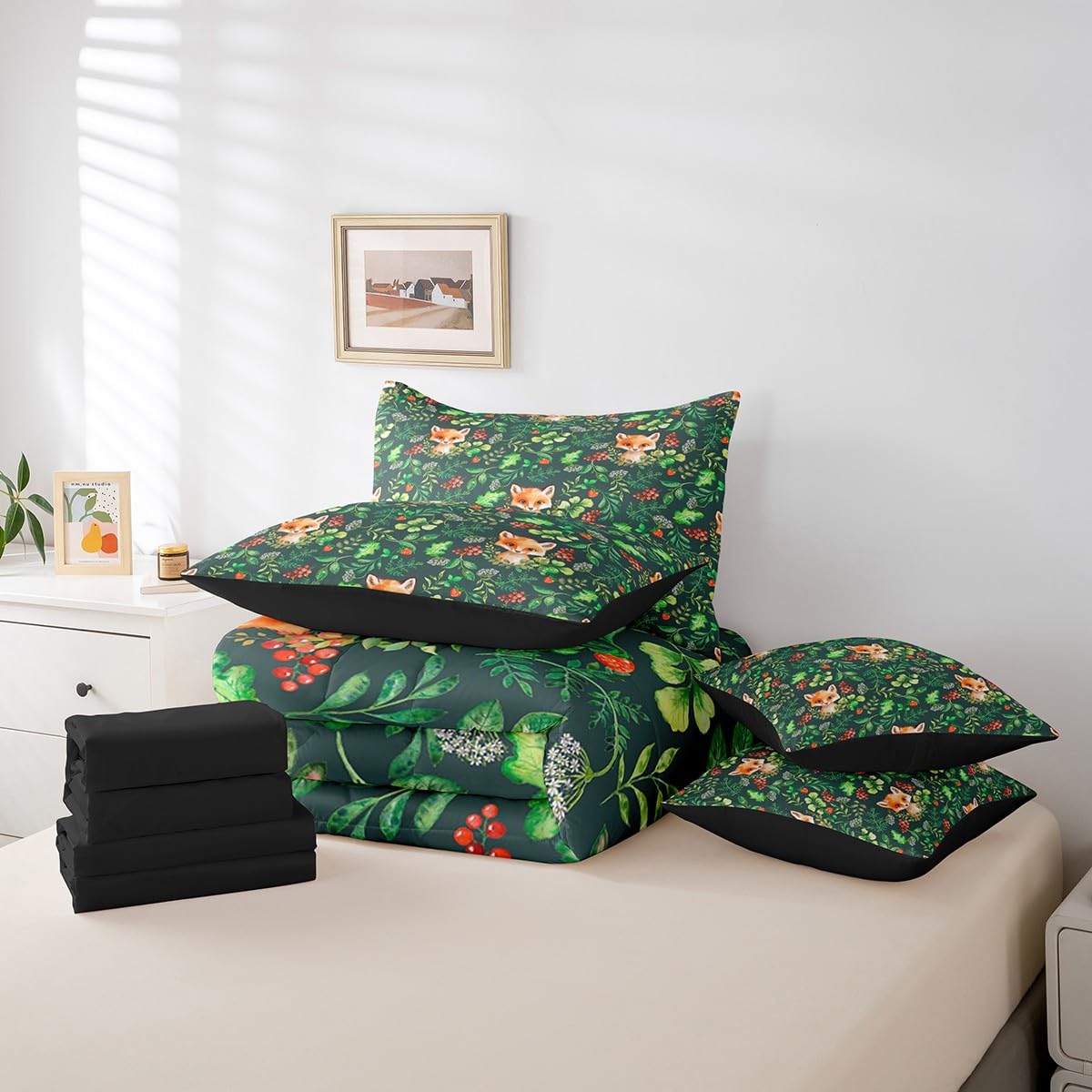 Erosebridal Fox Comforter Set 7 Piece Bed in a Bag Twin,Wild Woodland Animals Bedding Sets Jungle Botanical Leaf Comforter and Sheet Set,Green Plant Leaves Rustic Wildlife Farmhouse Bed Set