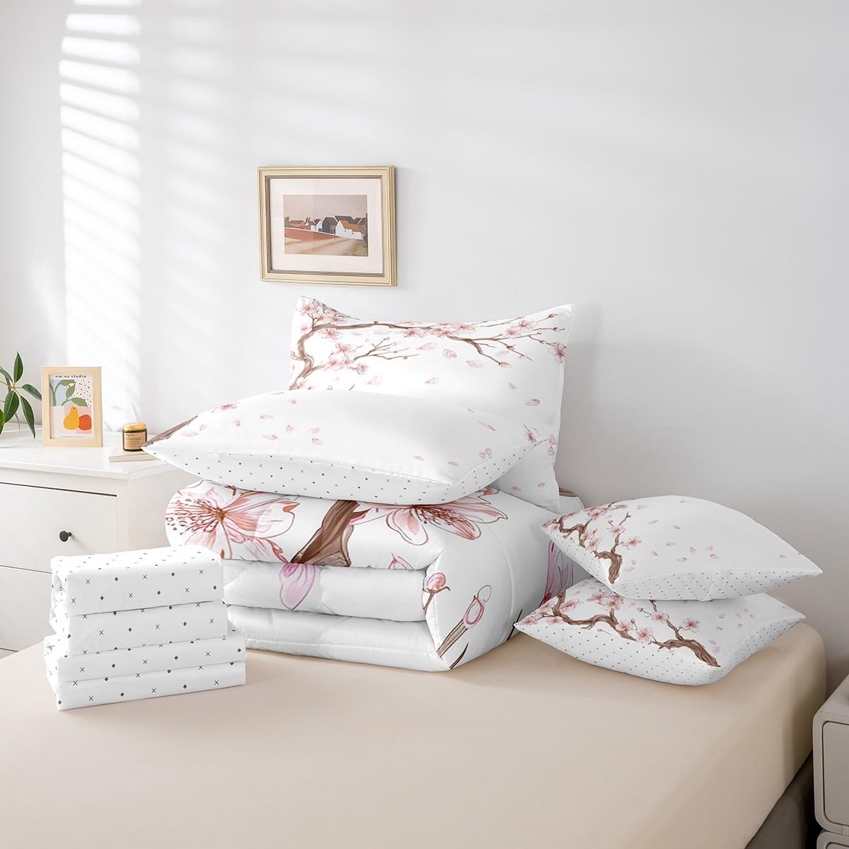 Erosebridal 7 Piece Pink Cherry Blossoms Bed in a Bag for Adult Women Girls Romantic Theme Sheet Set Nature Flowers Bedding with Comforter Japanese-Style Cushion Covers, Full Size