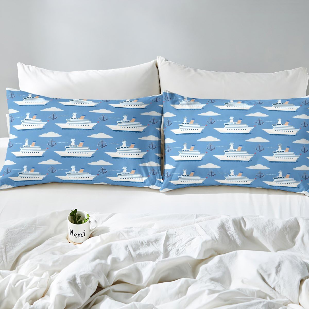 Erosebridal Boys Nautical Sailboat Bedding Set Full, Ocean Ship Comforter Set, Boat Anchor Comforter, White Cloud Blue Sky Nautical Quilt for Kids Teens Youth Men Bedroom, 3 Piece