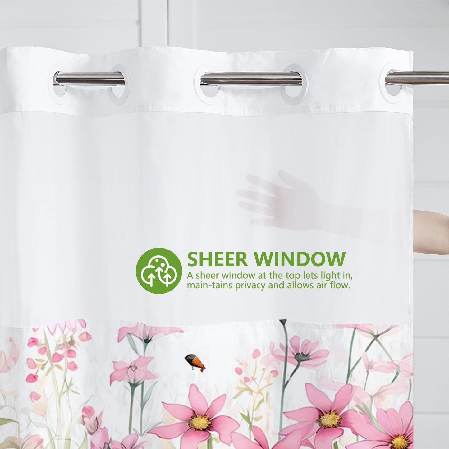 MEHOFOND Pink Flower No Hook Shower Curtain with Snap in Liner, Spring Watercolor Floral Plant Shower Curtain,See Through Mesh Top Window,Waterproof Fabric Flowers Hotel Shower Curtain Set 71" x 74"
