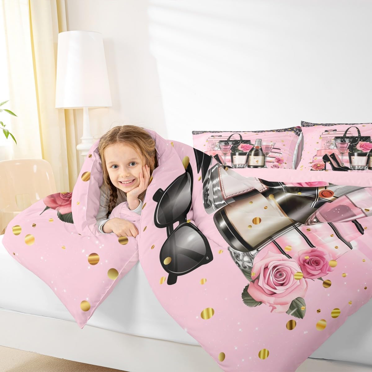 Erosebridal Fashion Women King Bedding Set Modern Pink Girly Comforter for Girls Kids Teens Magazine Book Rose Flower Down Comforter High Heel Makeup Perfume Duvet Insert