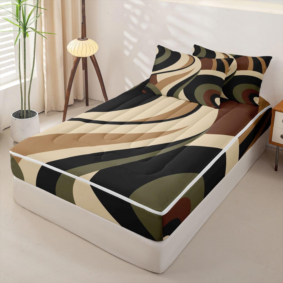 Erosebridal Green Brown Spiral Zipper Bedding Set Twin for Adult Women Men Modern Swirls Stripes Abstract Zipper Comforter Set with Sheets for Minimalists Boho Bed in a Bag Graffiti Art Lines Bed Sets