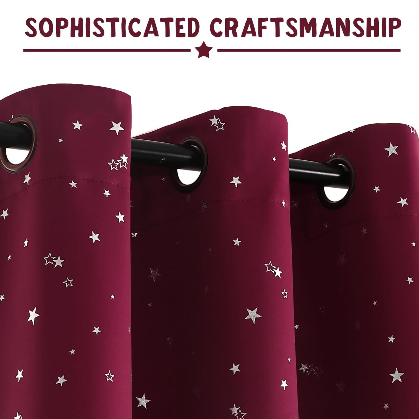 PrinceDeco Blackout Kids Curtains for Bedroom Thermal Insulated Silver Twinkle Star Curtains for Girls Antique Grommet Top Window Treatment 2 Panels Drapes for Nursery (52" W x 84" L, Burgundy/Silver)