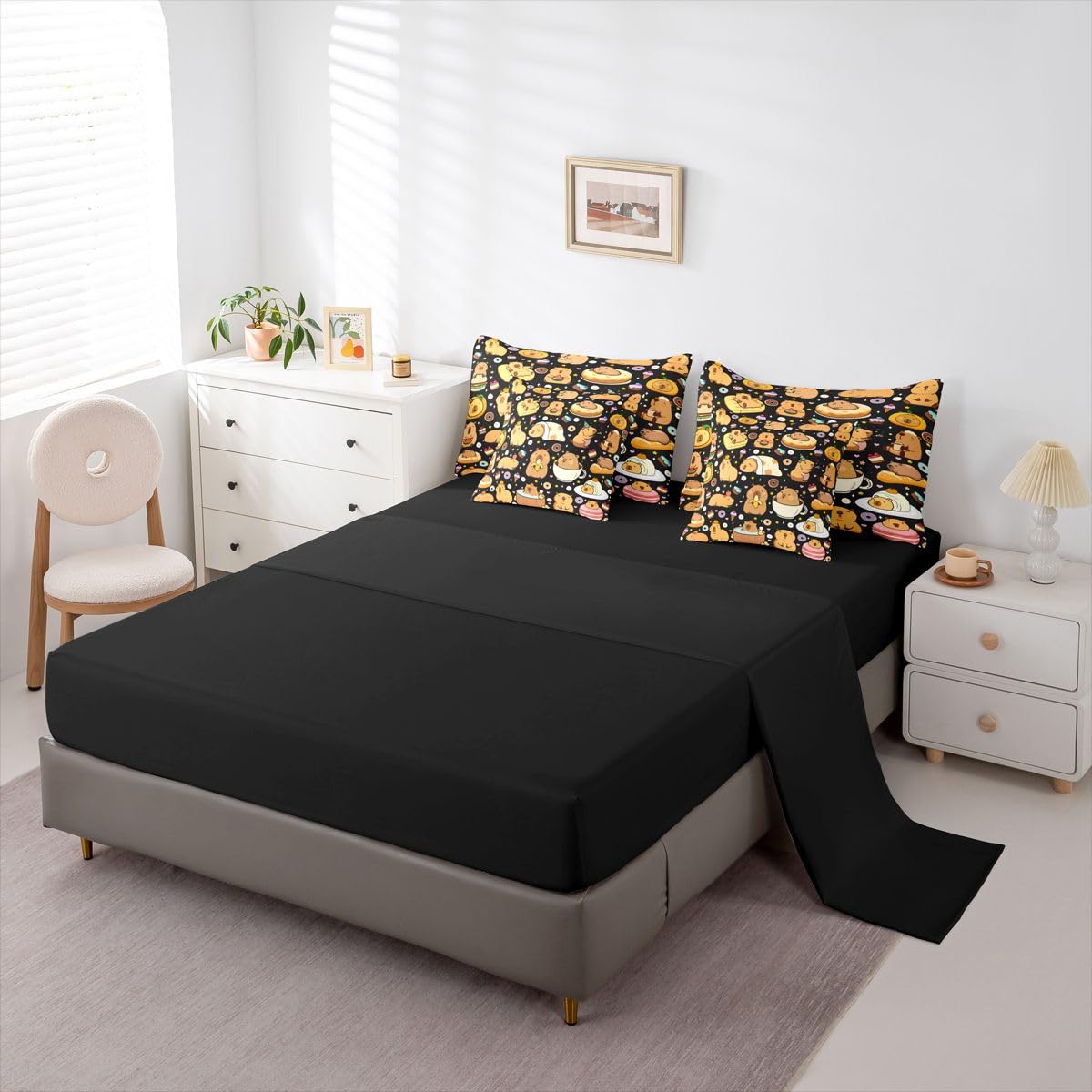 Funny Capybaras 7 Pieces Bedding Set Twin Size,Capybara Lover Bed in a Bag,Cute Rodent Animal Bed Set Includes Comforter,Sheet Set,Pillowcases & Pillow Covers,Kawaii Animals Yummy Foods Bedroom Decor