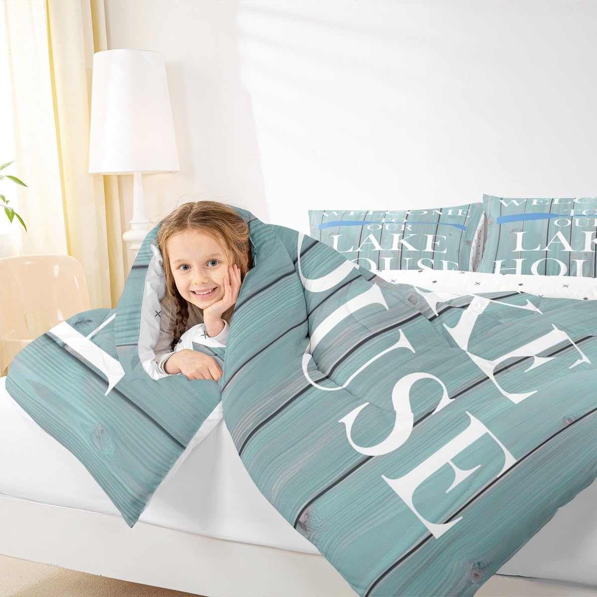 Lake House Comforter Set Queen Size, Rustic Cabin Farmhouse Style Bedding Set 3pcs, Retro Wooden Plank Lake Theme Down Comforter for All Season, Kids Boys Girls Room Decor, 2 Pillowcases, No Sheets