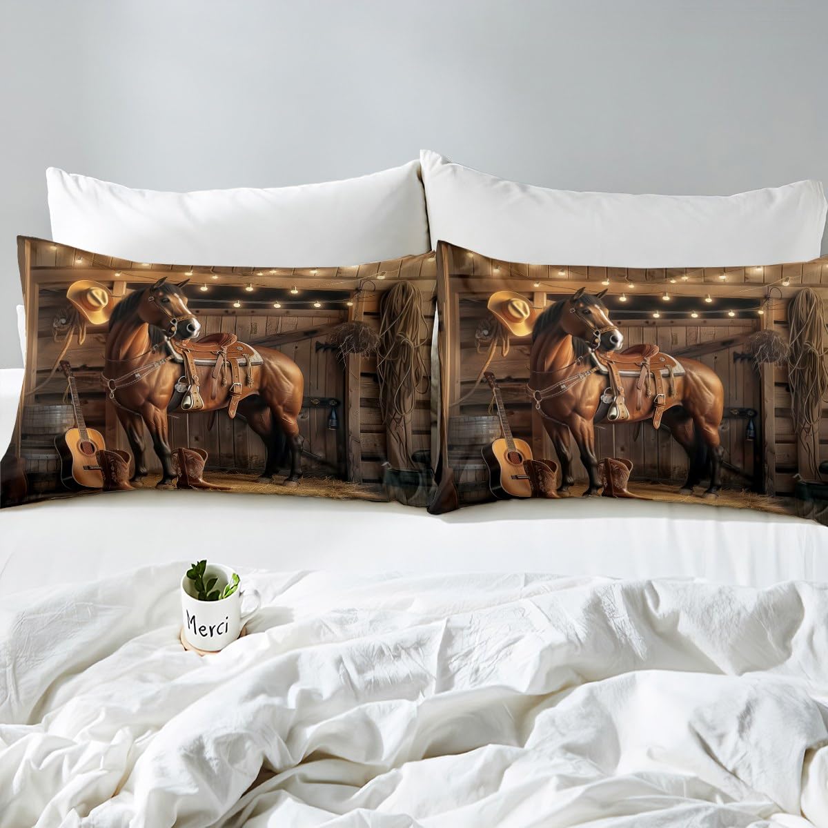 jejeloiu Western Horse Bed Sheets Set Queen Size Cowboy Bed Set for Kids Boys Girls Wild West Cowboy Deep Pocket Fitted Sheet Rustic Breathable Soft Lightweight Microfiber