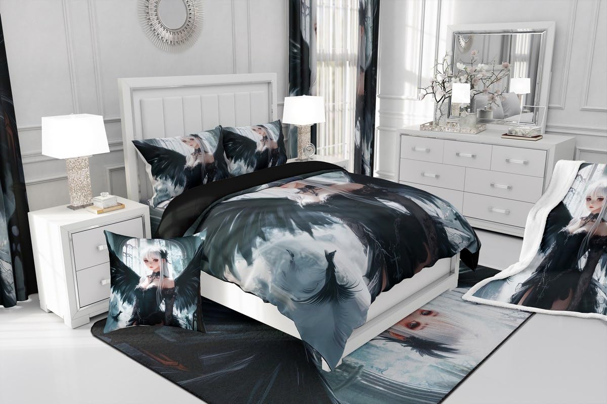 Erosebridal Anime Girl Duvet Cover Full Size, Kawaii Japanese Anime Bedding Set for Kids Boys Teens Adult, Cartoon Girl Comforter Cover Japan Animation Bedroom, Machine Washable, Black White