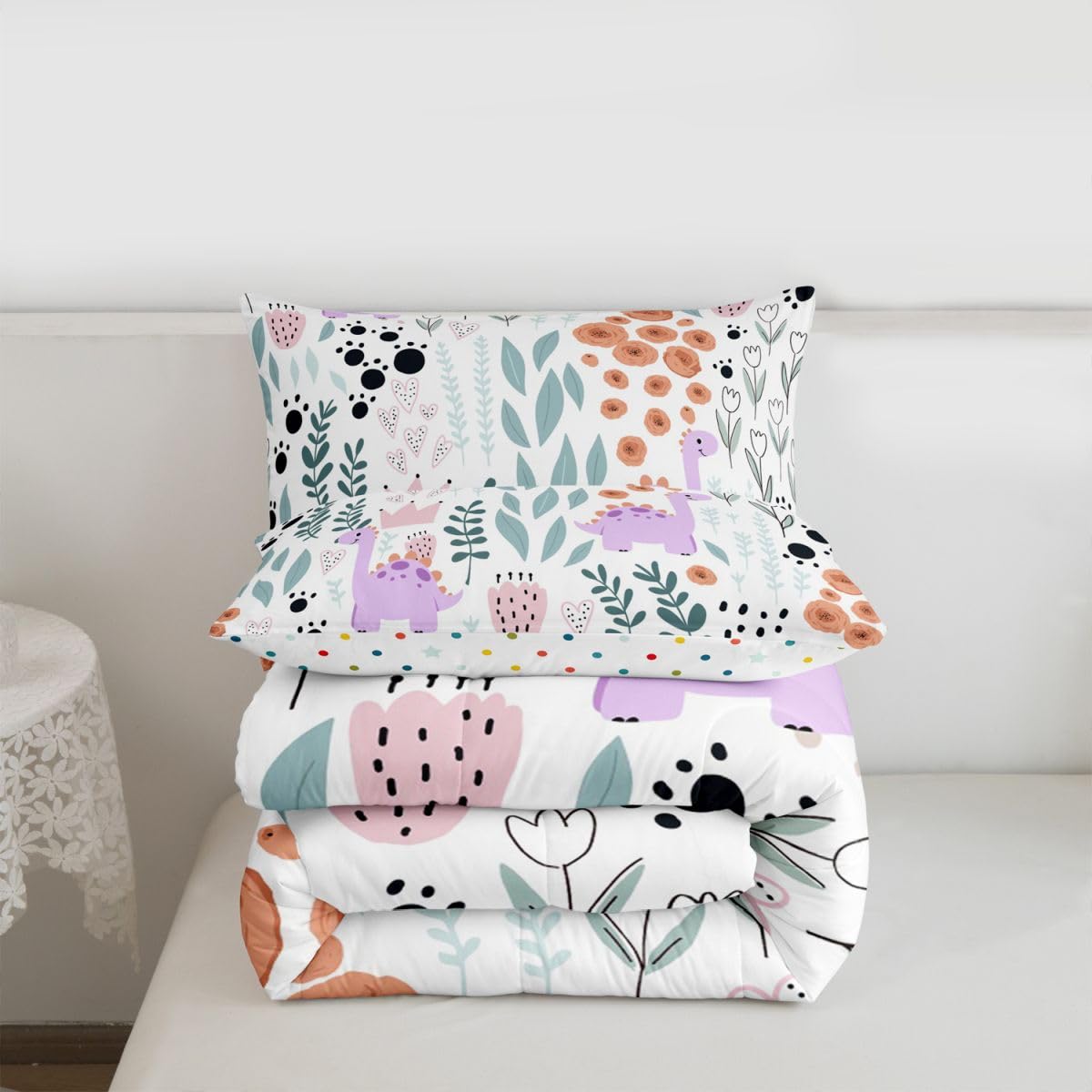 Erosebridal Kawaii Dinosaur Bedding Set Twin,Cartoon Purple Dino Comforter Set for Kids Girls Boys,Cute Love Heart Leaf Flower Comforter Set,Paw Print Wild Animals Quilt Bed Set with 1 Pillow Case