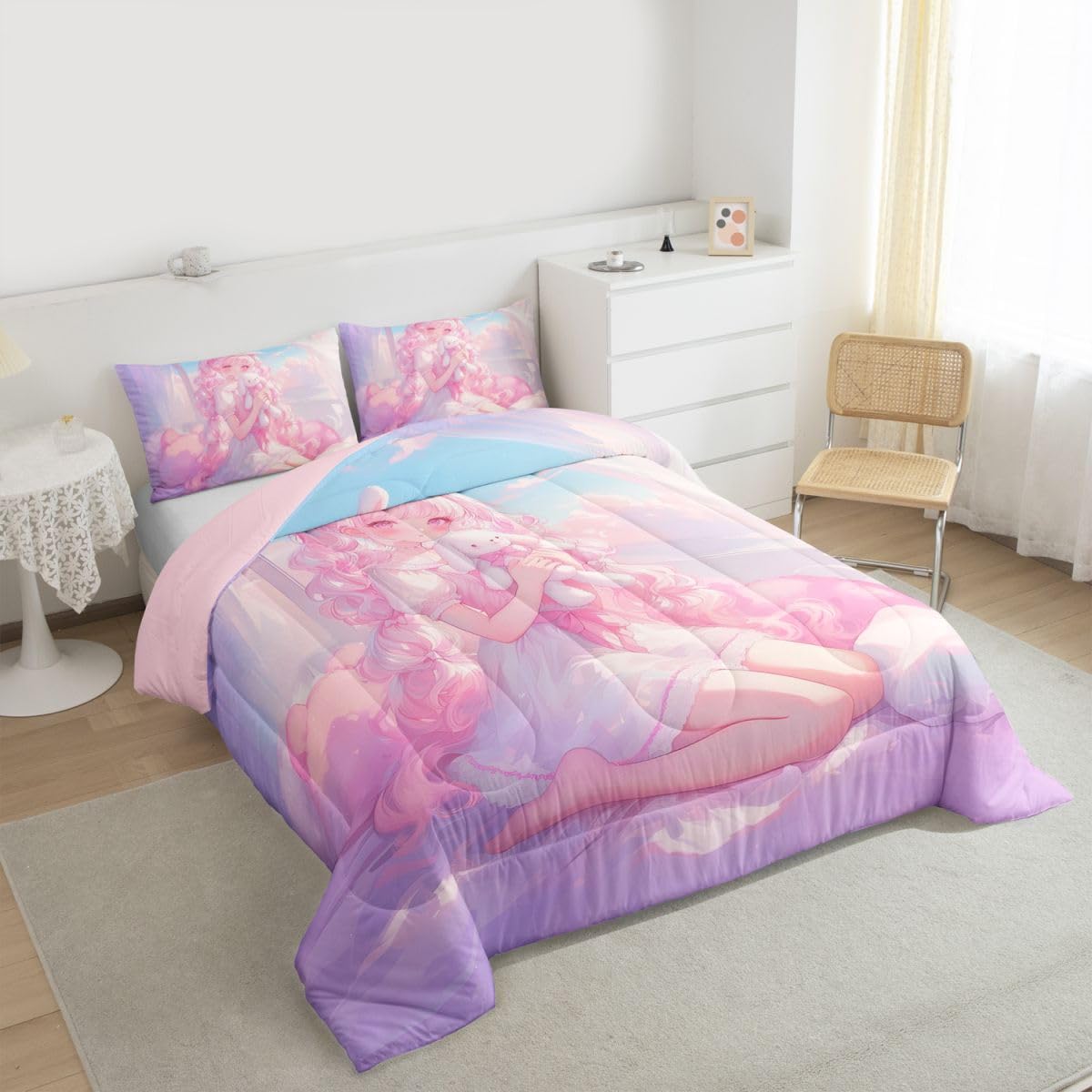 Erosebridal 3D Japanese Girl Bedding Sets Twin - Romance Style Comforter Set for Kids Adults Japanese Anime Girly Duvet Insert Anime Gifts Quilt