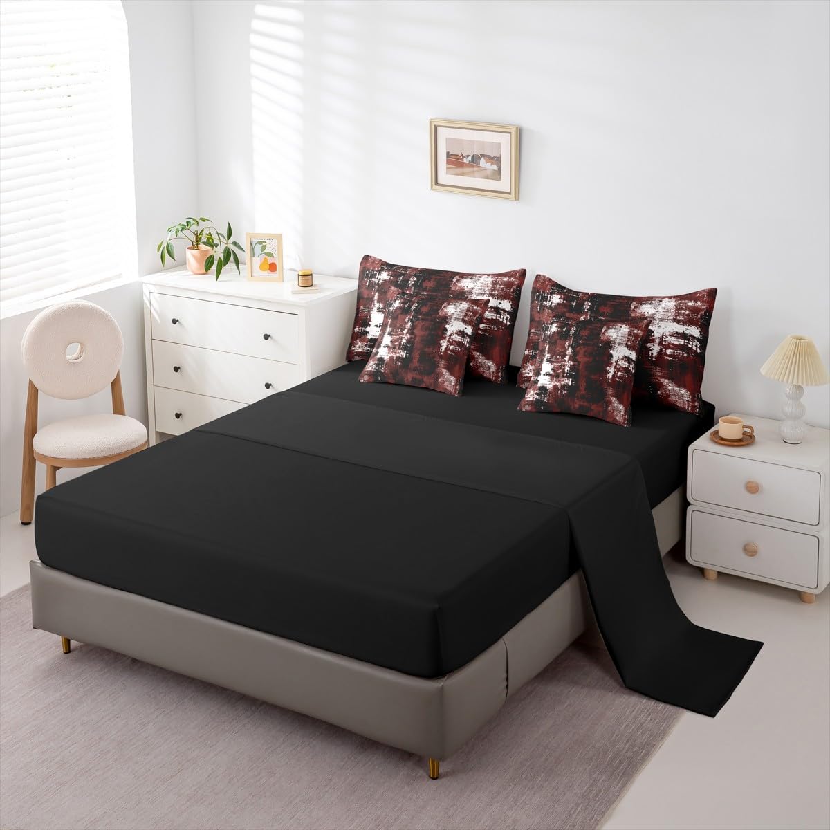 Feelyou Abstract Comforter Set with Sheets 7 Piece Queen Size Modern Abstract Art Bed in a Bag Kids Boys Girls Black Wine Bedding Set Luxury Bedroom Decor Geometric Breathable Soft Microfiber