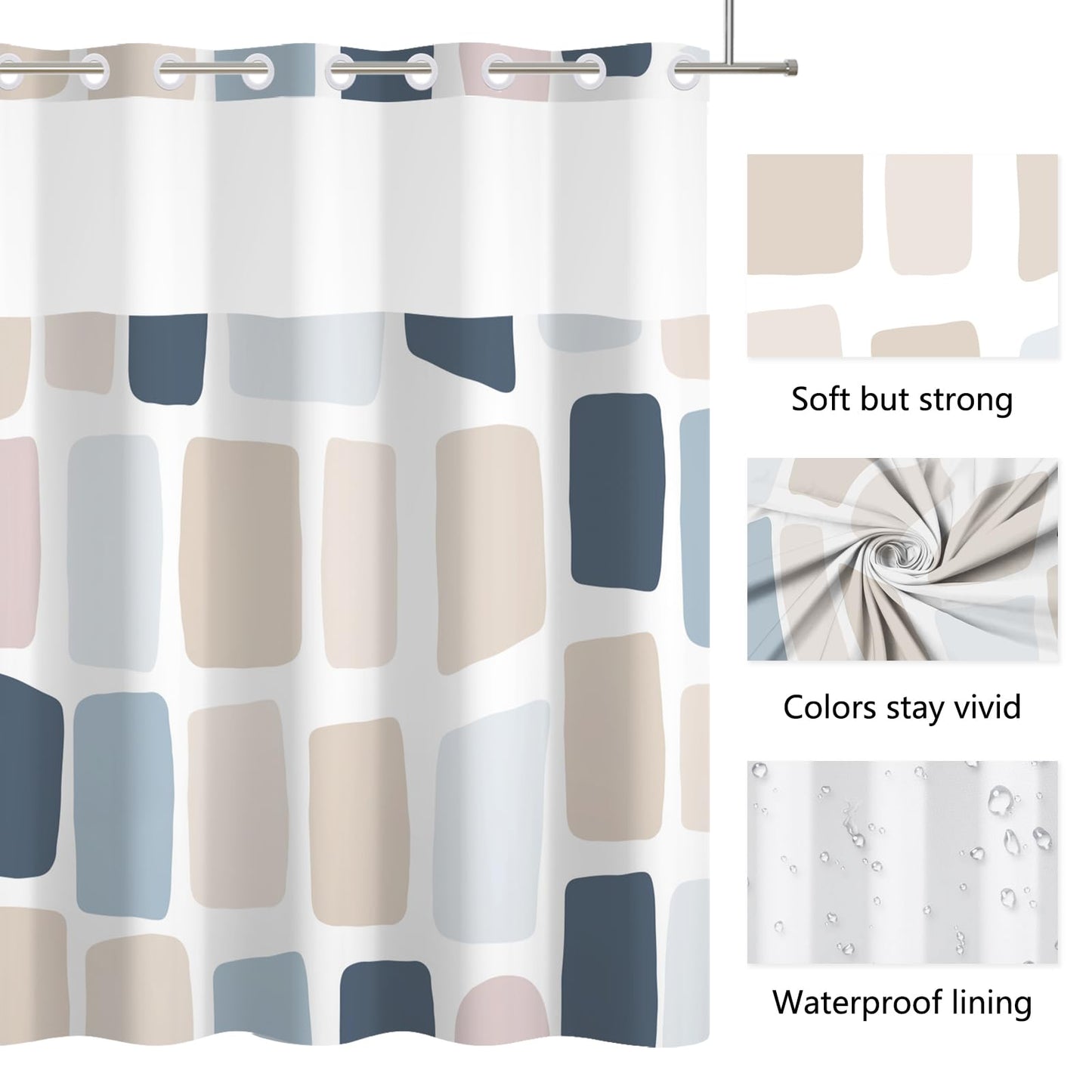 Xiazhilaio No Hook Geometry Shower Curtain with Liner 71 x 74 Inch - Blue and Yellow Modern Abstract Pattern, Waterproof Fabric Bath Curtain with Mesh Top for Minimalist and Modern Bathroom Decor