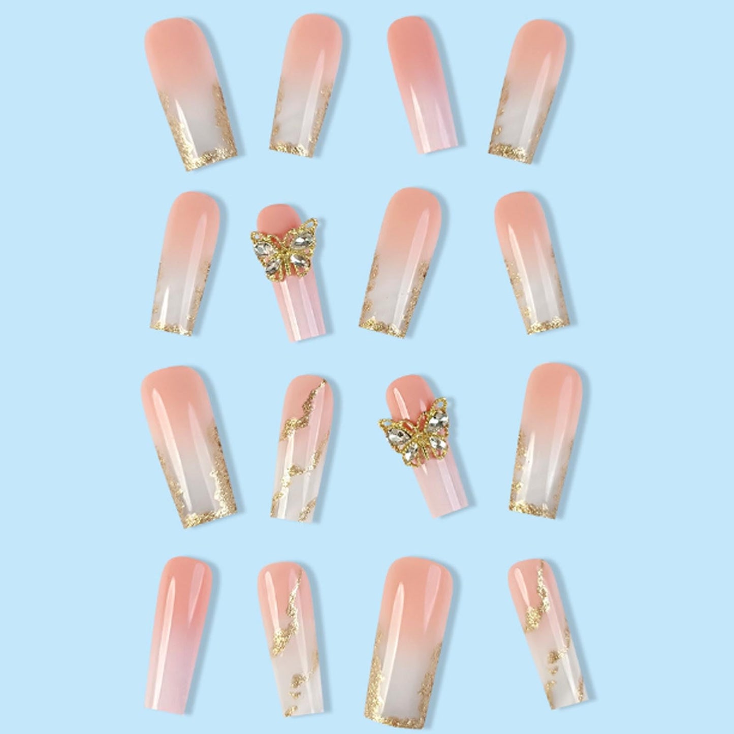 Hkanlre Long Press on Nails Marble Tips Full Cover Butterfly False Nails Square Fake Gold Nails French for Women 24PCS