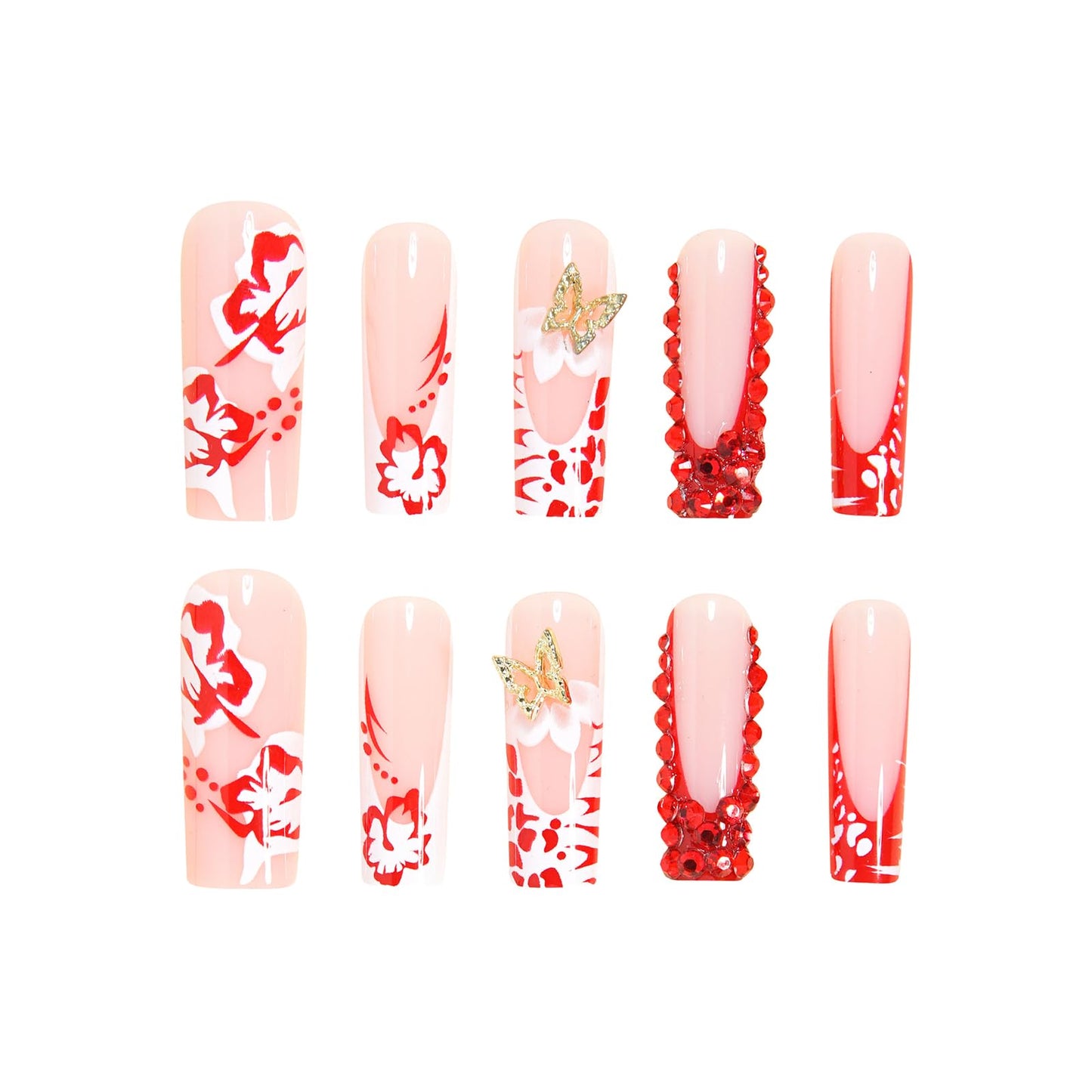 MISUD Press on Nails - Long Square Fake Nails with Red White French Tip, Acrylic Flower Butterfly Rhinestone Design 24 pcs