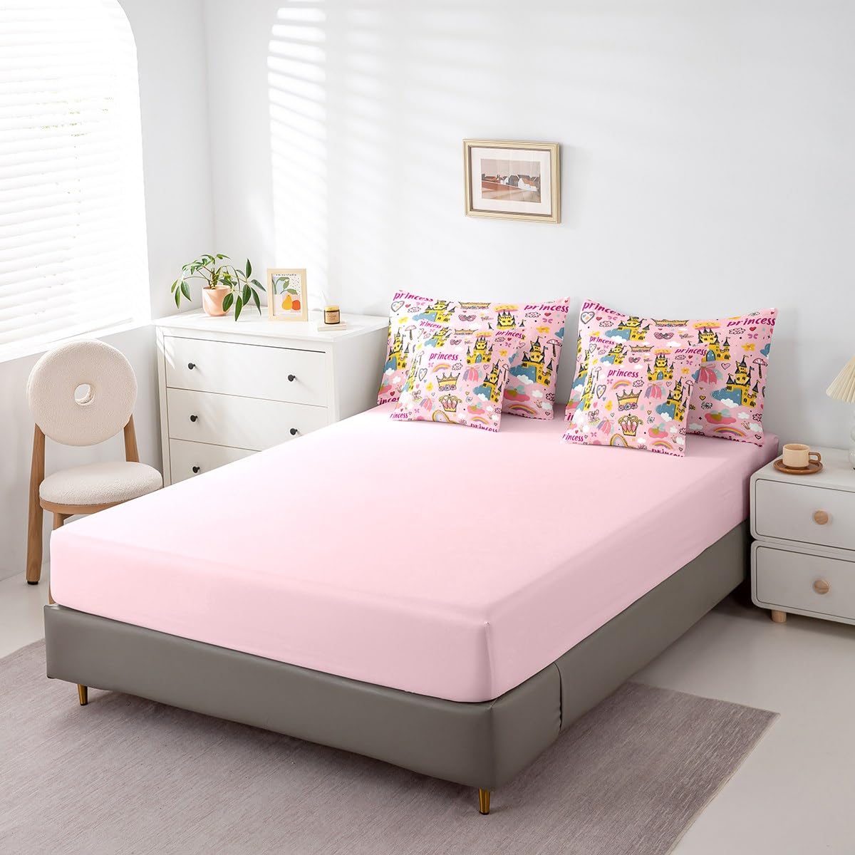 Erosebridal Princess Floral Crown Bedding Set 7Pcs,Yellow Cartoon Castle Comforter Set King for Kids Girls,Rainbow Butterfly Bed in a Bag,Kawaii Cloud Love Heart Quilt