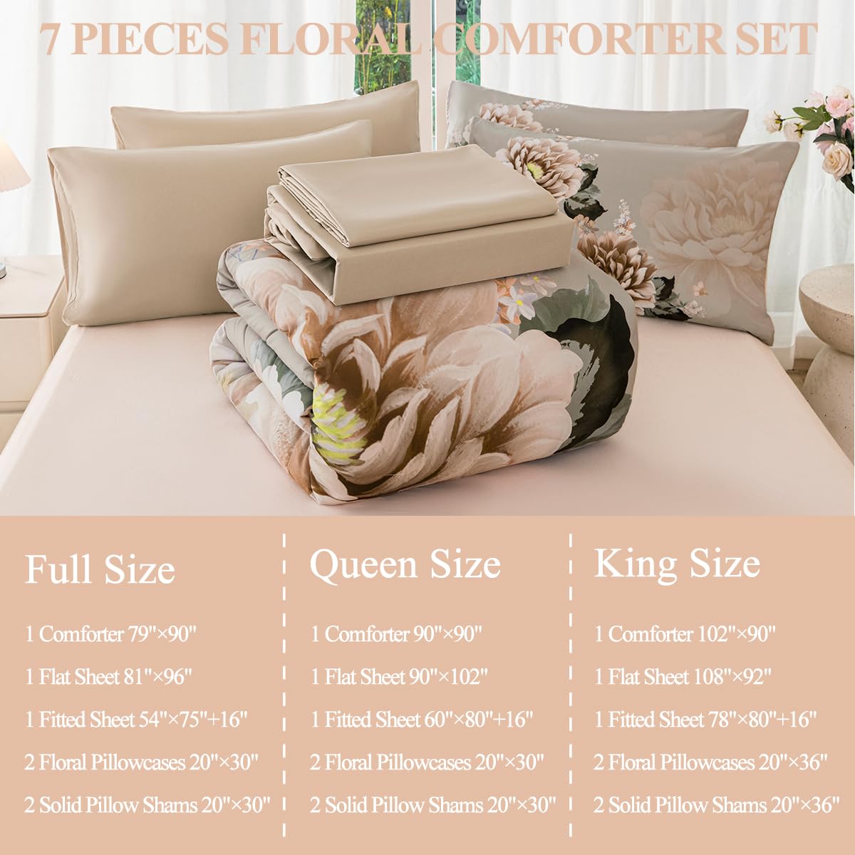 ZSYAYAHA Queen Bed Comforter Set Khaki Floral Bedding Sets Floral Bed Sets for Women Gorgeous 7 Pieces Bed in A Bag with Peony Pattern(Khaki, Queen)