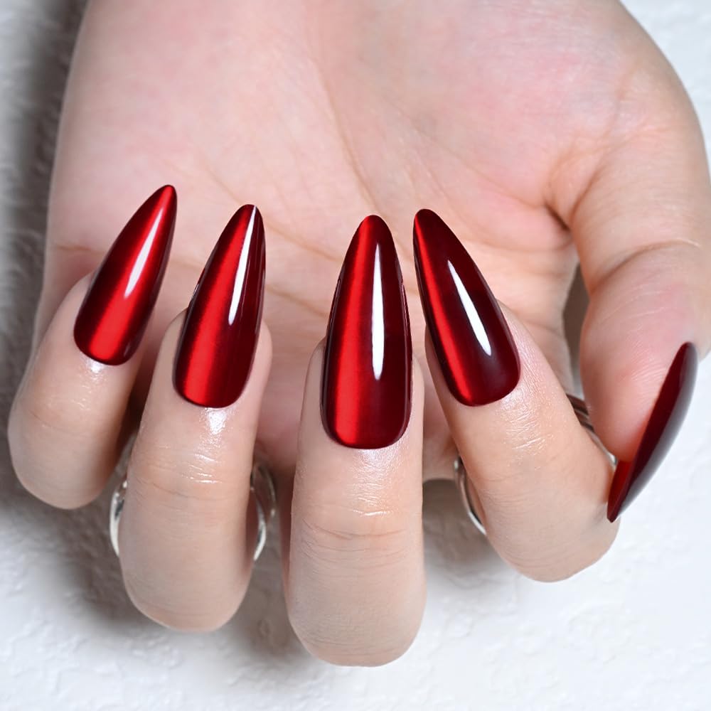 evpct Dark Red Cat Eye Press on Nails Almond Long No Glue, Soft Stick on Nail Long Almond for Women Gift, Bloond Red Metallic Glitter Soft Reusable Full Cover Press on Acrylic Fake Nail with Designs