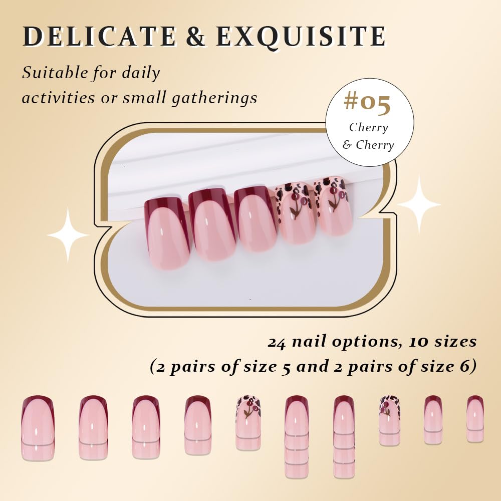 evpct Spring & Summer Press on Nails Medium Square No Glue, Cherry Fake Nails Press ons with 3D Pattern Design, Light Weight Perfectly Fit Fake Nails for Women Gift, Fake Nail Kit with Kits, 24Pcs