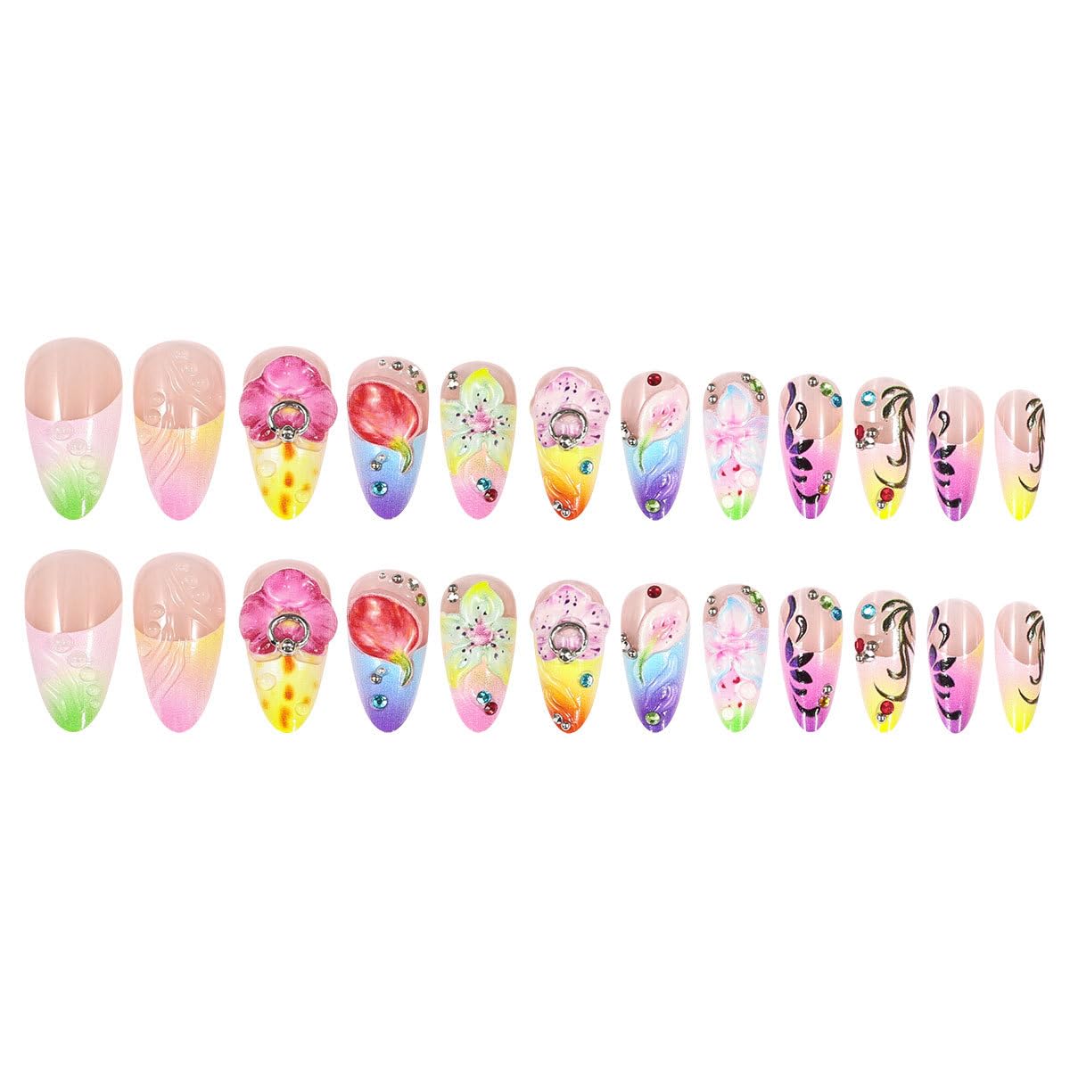 Summer Long Press on Nails Almond Fake Nails Flowers Colorful Artificial Nail with Rhinestone Beach Designs Stick on Nail for Women 24pcs
