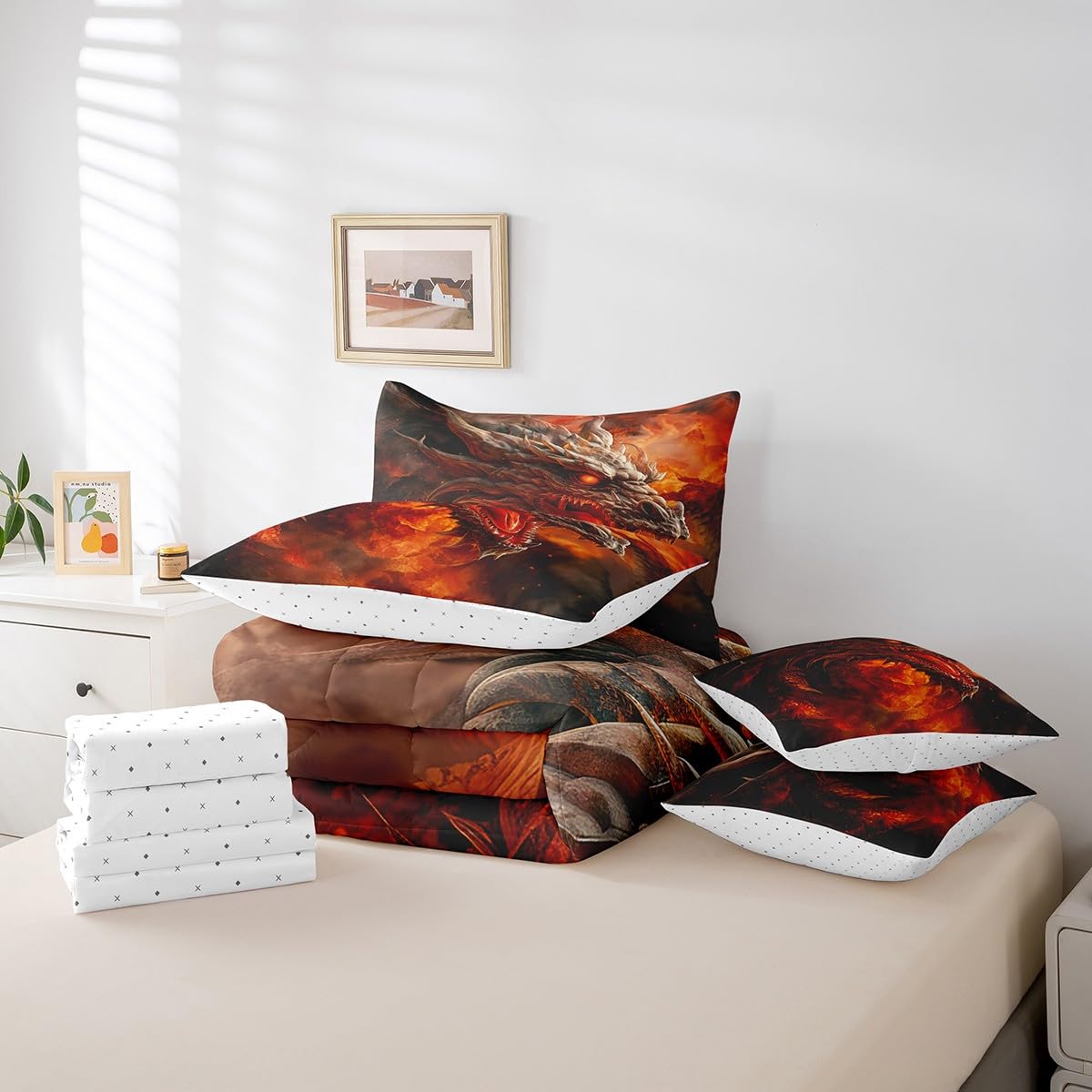 7 Pieces Comforter Set Queen Size, Red Fire Dragon Bedding Bed in a Bag With Flat and Fitted Sheets for Kids and Adults, 3D Fire Dragon Comforter Set With Pillowcases & Pillow Covers