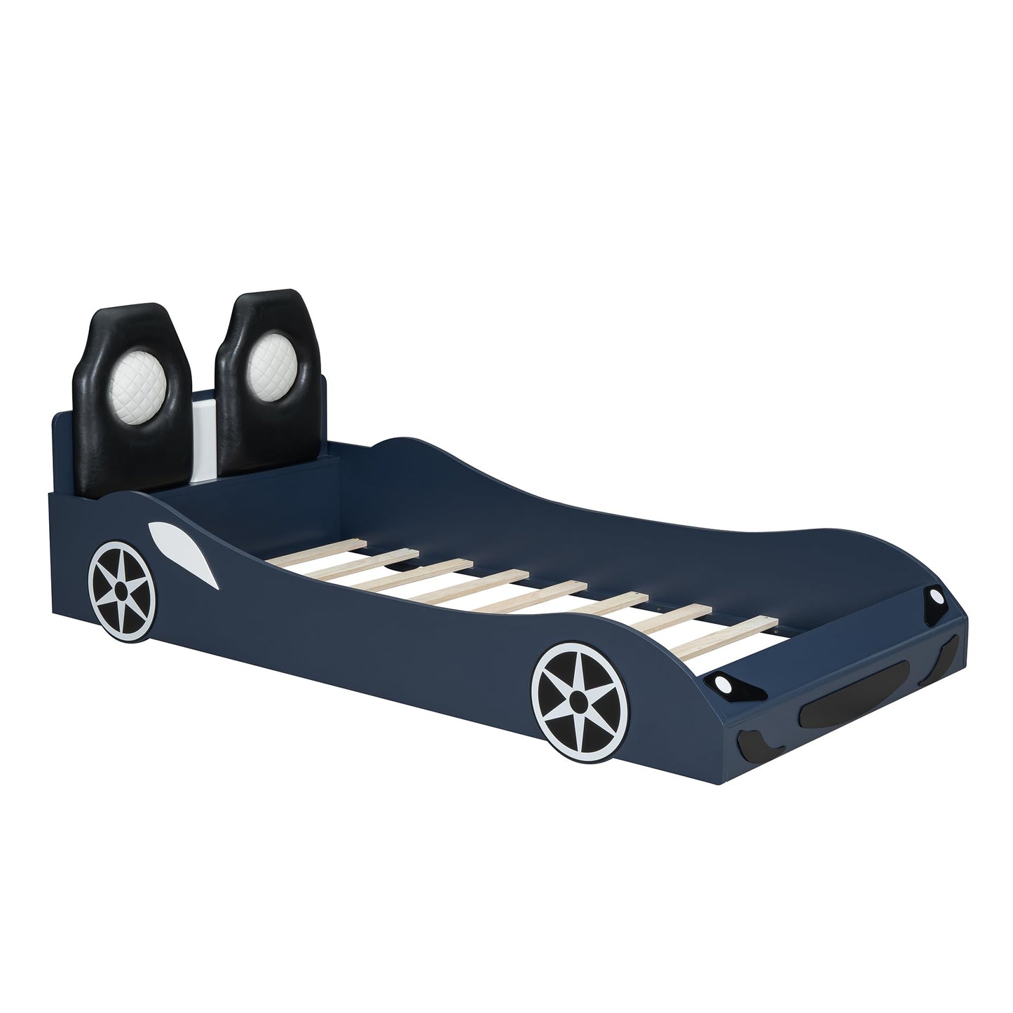 Bellemave Wood Twin Size Race Car-Shaped Platform Bed with LED and Upholstered Backrest, Platform Bed Frame with Race Car-Shaped and Safety Guardrails (Blue)