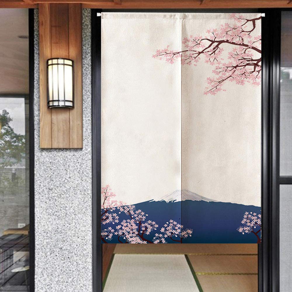 Ofat Home Mount Fuji & Cherry Blossom Noren, 33.5" x 59"