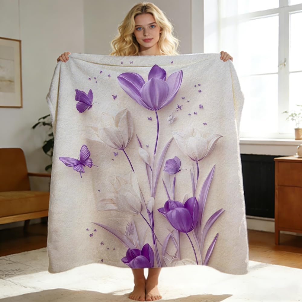 ZHOUSHUTONG White Purple Tulip Butterfly Flannel Throw Blanket, Soft Cozy Warm Plush Floral Blanket for Couch Bed Sofa, Elegant Flower Print Decorative Blanket, Gift for Women Girls 49"x59"