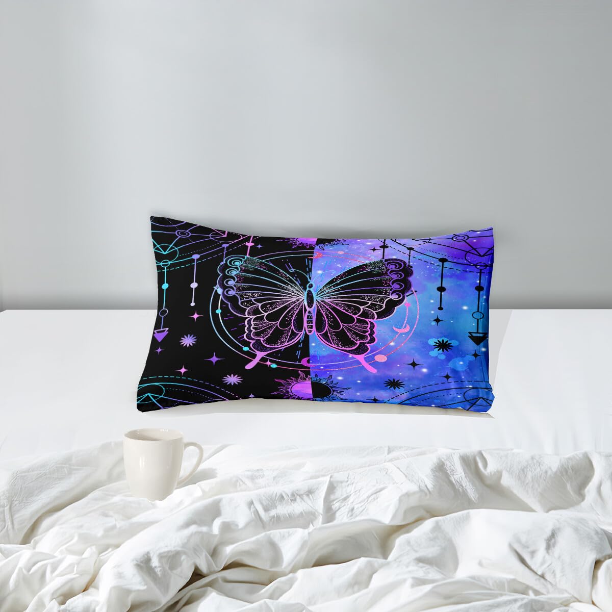 FJKJHKGJ Butterfly Comforter - Butterfly Bed Set - Butterfly Comforter Set for Girls Women Bed Girls Twin Bedding Set Black Blue Butterflies with Sun and Moon Printed Quilt Sets with 1 Pillowcase
