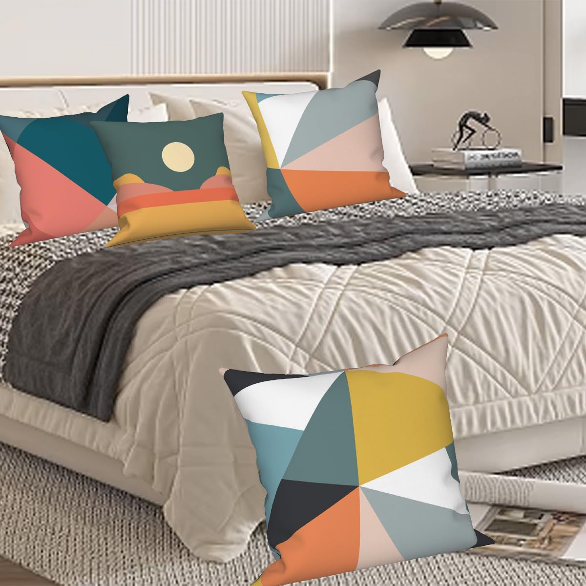 Vie Savaran Geometric Throw Pillow Covers Colorful Geometry Strip Patchwork Sun Abstract Mid Century Modern 18x18 Set of 4 Linen Cushion Covers for Outdoor Couch Sofa Bedroom Patio Livingroom Garden