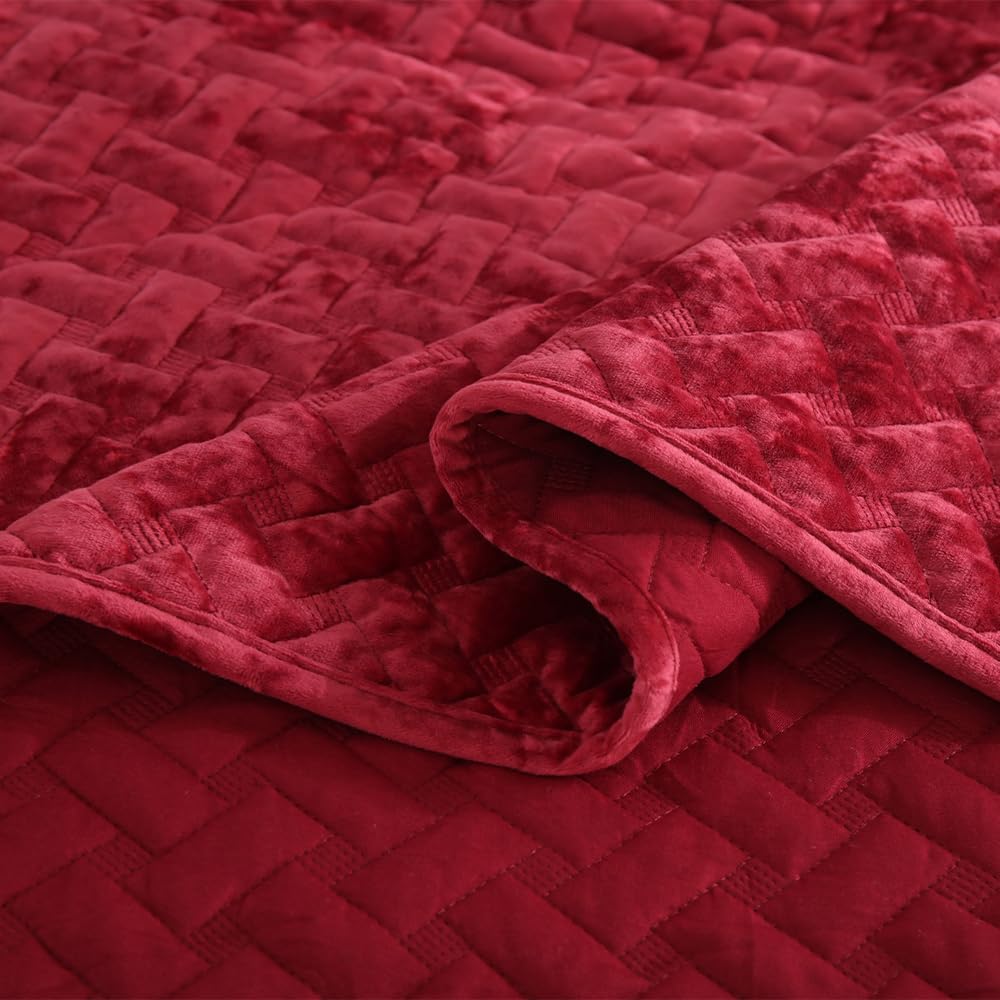 Liians Velvet Bedspread Quilt Bedding Sets,Luxury Elegant Ultra Soft Velvet Comforters Coverlet Blankets,Weave Stitching Pattern Cotton Quilted Bedspread for All Seasons,Red,King Size