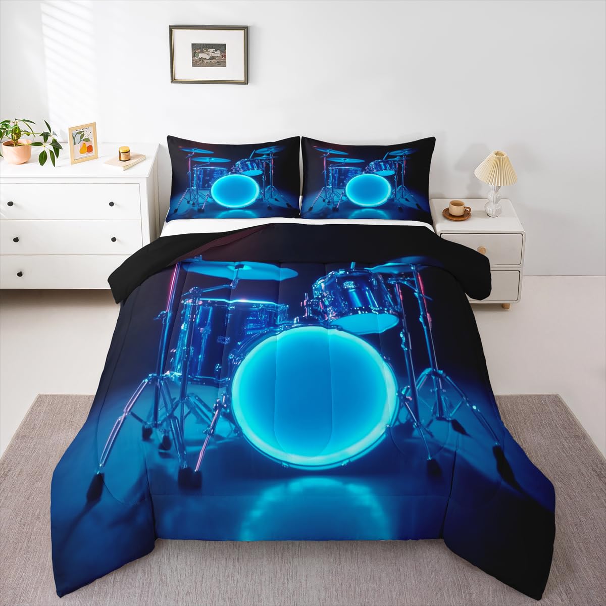Erosebridal 3D Drum Kit Kids Comforter Sets Blue Light Drum Kit Queen Bedding Set for Boys Girls Rock Musical Instrument Comforter Set,Rock Music Theme Quilt Duvet 3 Pcs