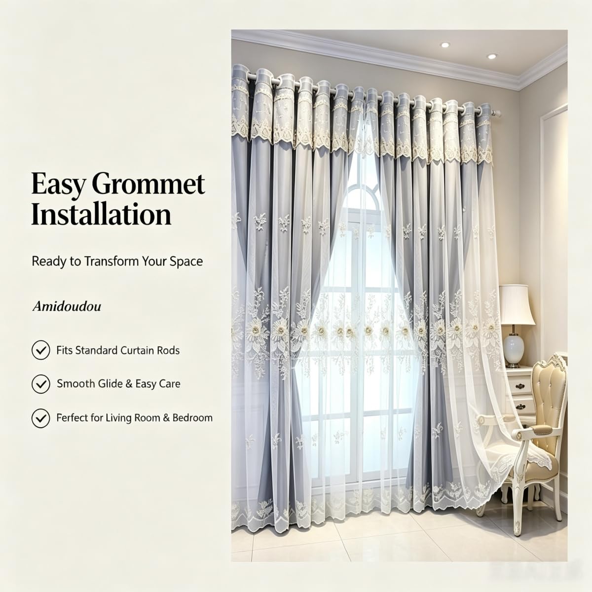 Amidoudou 1 Pair Luxury European Curtains with Valance for Living Room Bedroom Double Layer Embroidered Blackout Curtains (Dark Blue,51x96 Inch)
