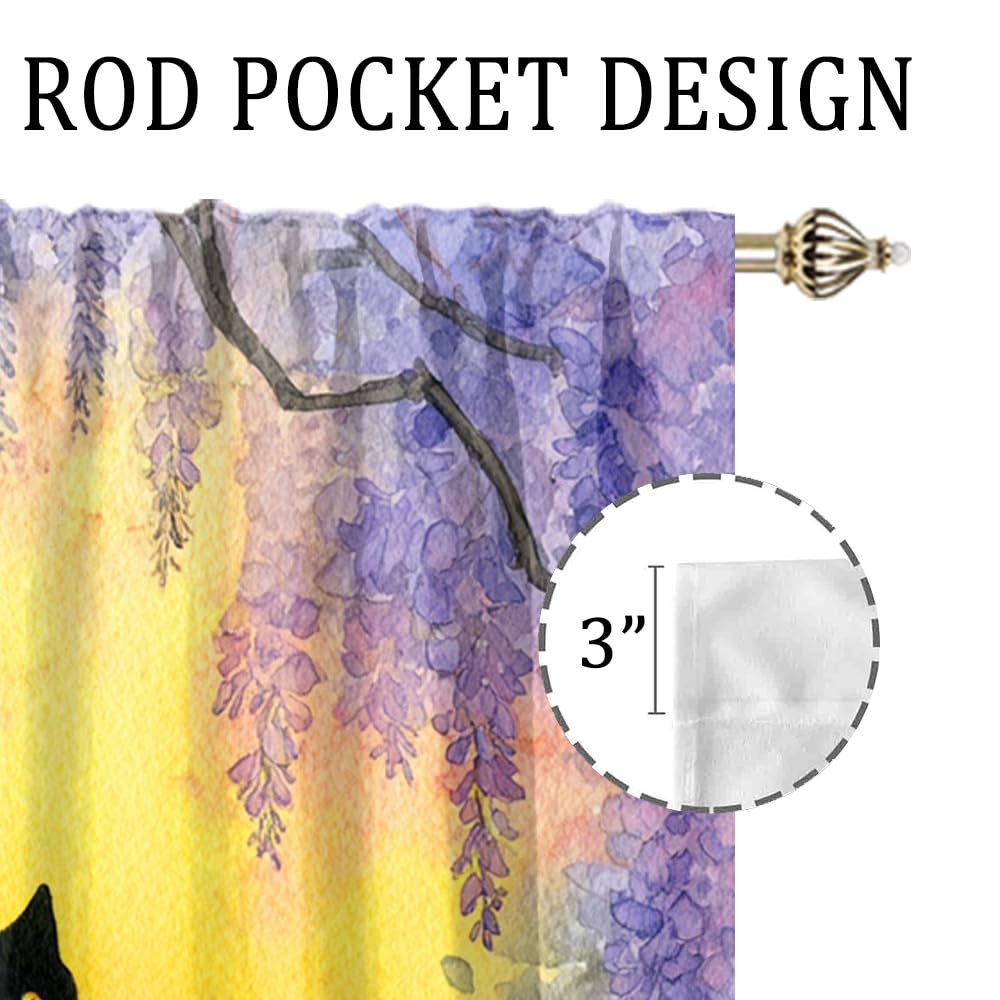 XSUPFLYM Cute Beautiful Black Cat Window Thermal Curtain for Living Room Colorful Modern Spring Garden Animal Black Cats Plant Lilac Floral Blackout Curtains for Bedroom 2 Panels Each 21" W x 45" L