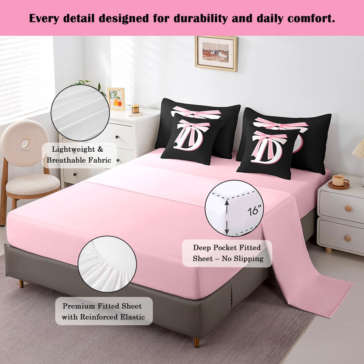 jejeloiu Kids Girls Black Pink Bow Comforter Set with Sheets Twin Size Monogrammed 7 Piece Bedding Set Personalized Initial D Bed in a Bag with Comforter, Sheets,Pillowcases Modern Fashion Bed Set