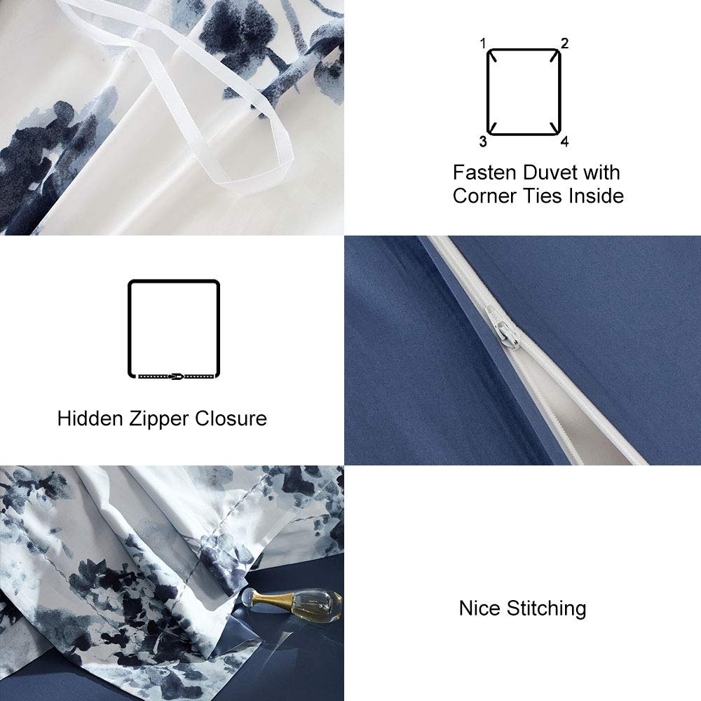 MILDLY 100% Long Staple Cotton Duvet Cover Set Navy Blue Leaves Printed Comforter Cover Set Watercolor Plant Floral