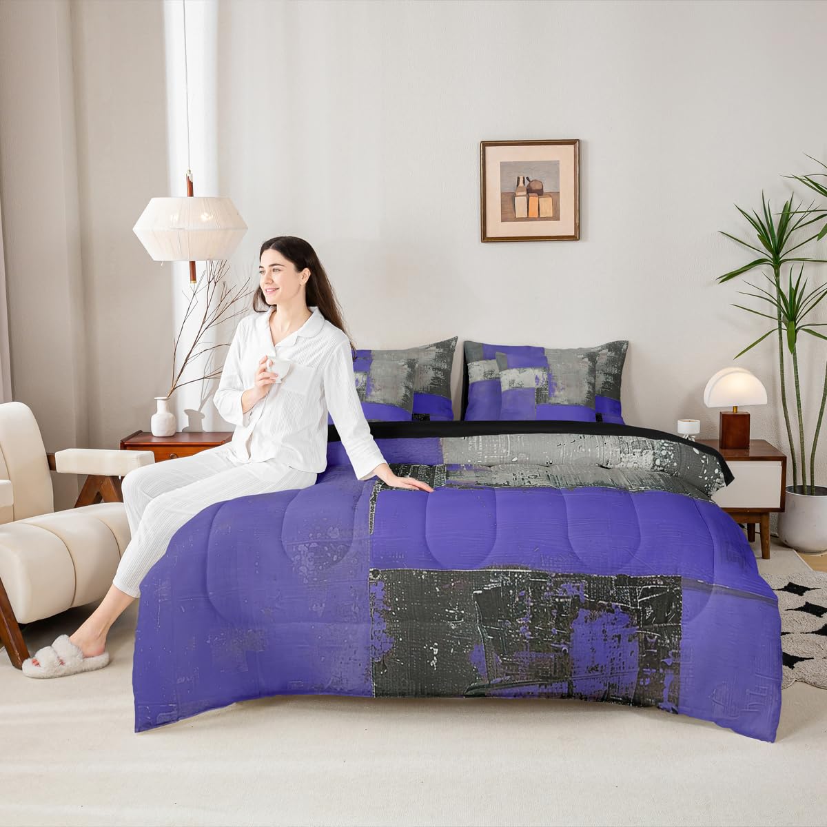 Feelyou Abstract Comforter Set King Size 7 Pieces Modern Abstract Art Bedding Set Luxury Bed in a Bag with Comforter, Sheets, Pillowcases, Cushion Covers Geometric Bedroom Decor Gray Purple