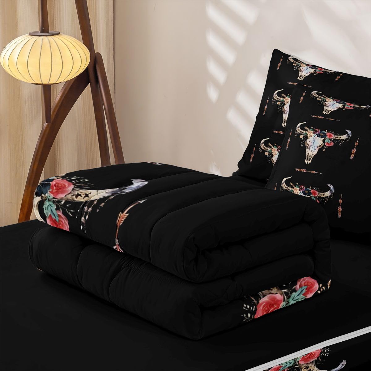 Erosebridal Bull Skull Zipper Comforter Set Twin Boho Bedding Set Bull Head Aztec Bed in a Bag Rose Leaf Print Zippered Quilt Fitted Sheet,2 Pillowcases