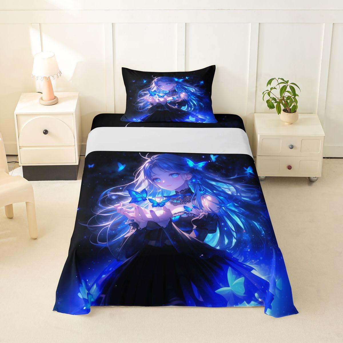 Erosebridal 3D Japanese Girl Bed Sheets Set Blue Butterfly Decorations Sheets Twin,Cartoon Sheet Set for Boys Girls Anime Gifts for Her Bedding Sets Bedroom Decor 3 Pieces