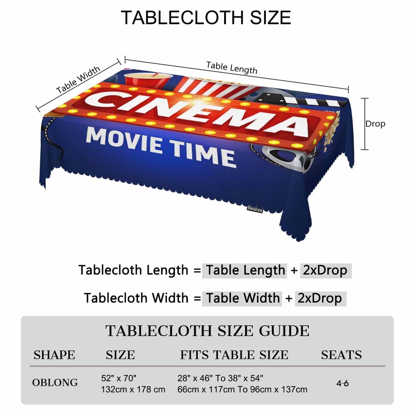 Beabes 52x70 Inch Tablecloth Cinema, Movie Time Popcorn Clapping Board Non-Fading Table Covers Kitchen Dinning Tabletop Decoration, Blue Washable Table Cloth for Outdoor and Indoor Use