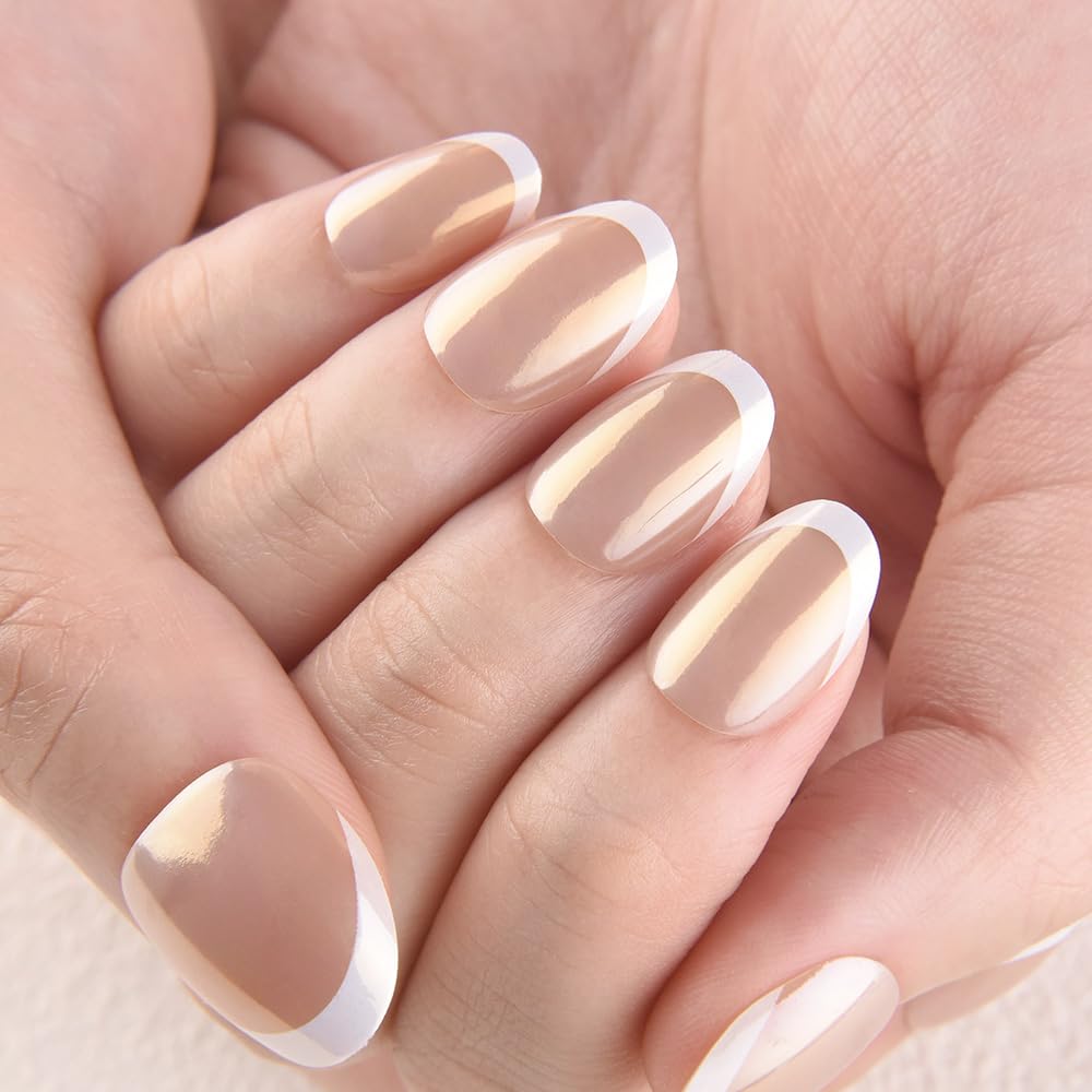 evpct French Tip Press On Nails Short Round Oval No Glue, Nude White Tips, Chrome Glazed Short Round Oval Fake False Press on Nails, Reusable Soft Stick on nail Press ons with Nail Kit, Salon-quality