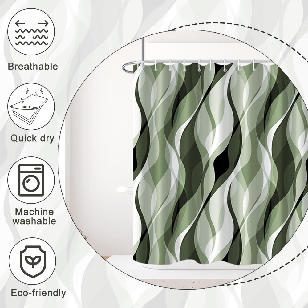 Ruelvth Sage Green Shower Curtain, Abstract Ombre Green and Grey Striped Shower Curtain Set for Bathroom Waterproof Polyester Shower Curtain with Hooks, 72x72 Inch