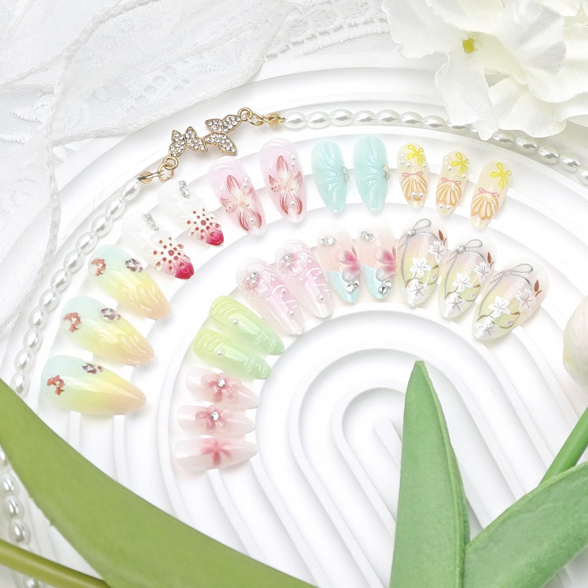 24 Pcs Flower Press on Nails Medium Almond French Tip Fake Nails 3D Flowers Bow Rhinestones Glitter Designs Full Cover Spring Summer Stick on Nails Handmade False Nails for Women Acrylic Nail Salon