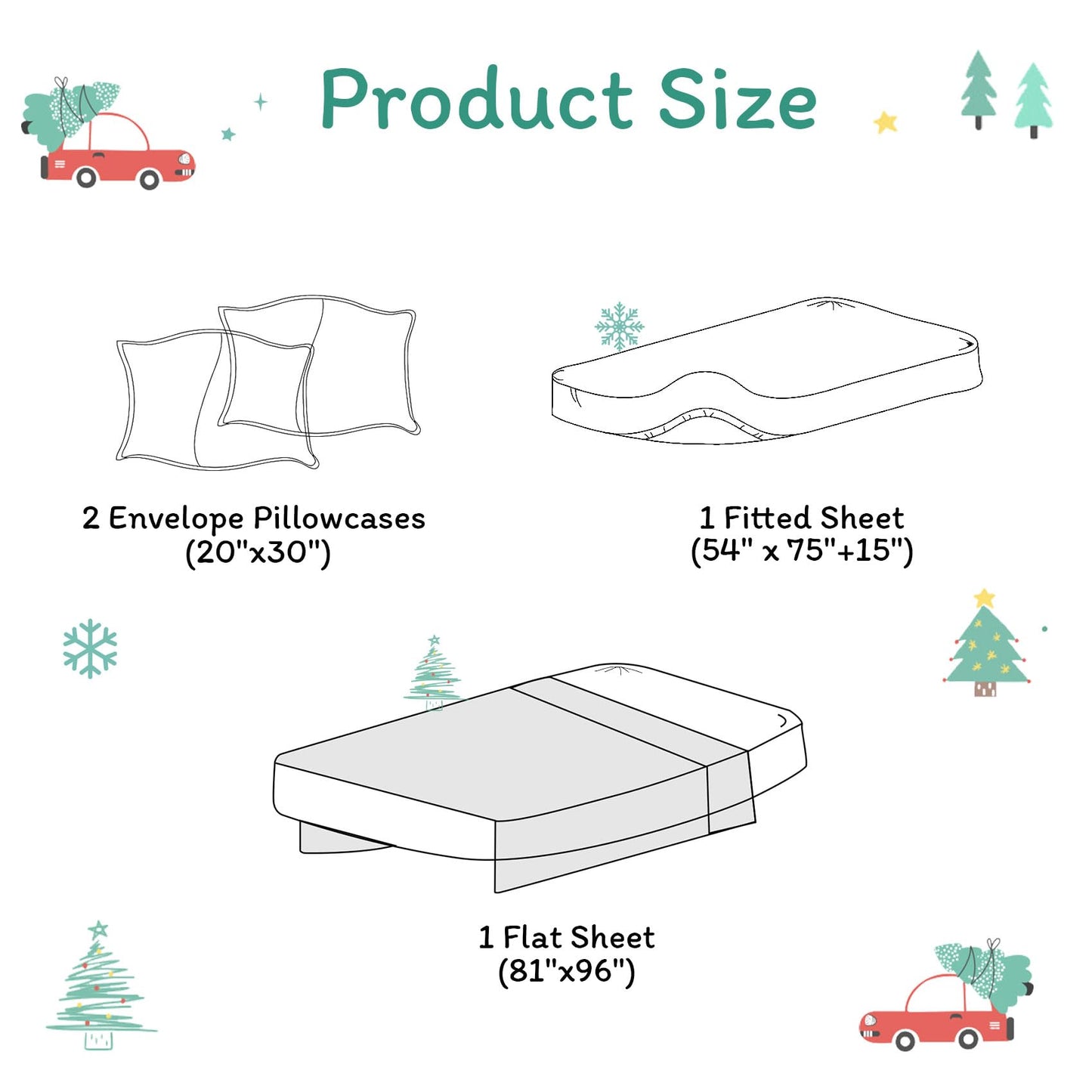 JSD Red Cars Christmas Kids Sheet Set Twin Size, 3 Piece Soft Holiday Printed Microfiber Bed Sheets Deep Pocket