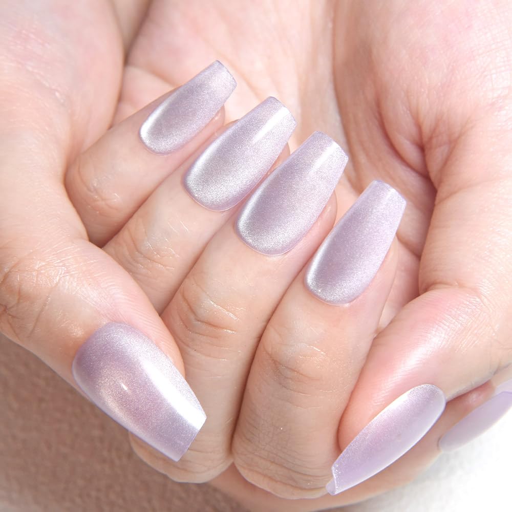 evpct Cat Eye Coffin Press on Nails Medium Square No Glue, Medium Square Stick on Nails for Women, Light Lavender Purple Metallic Glitter Glossy Reusable Spring Summer Press on Fake Nail with Designs
